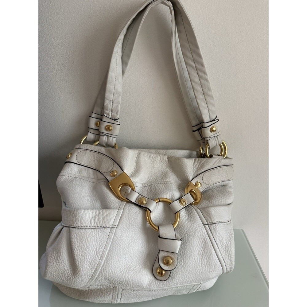 B. Makowsky White Pebbled Leather Shoulder Bag Gold Hardware Satchel